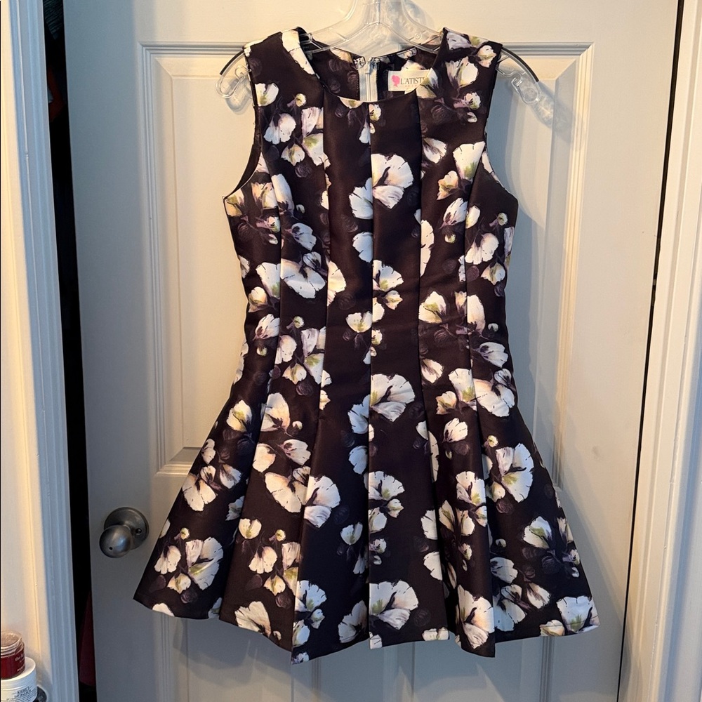 L'ATISTE Black Floral Fit & Flare Dress with White Blooms